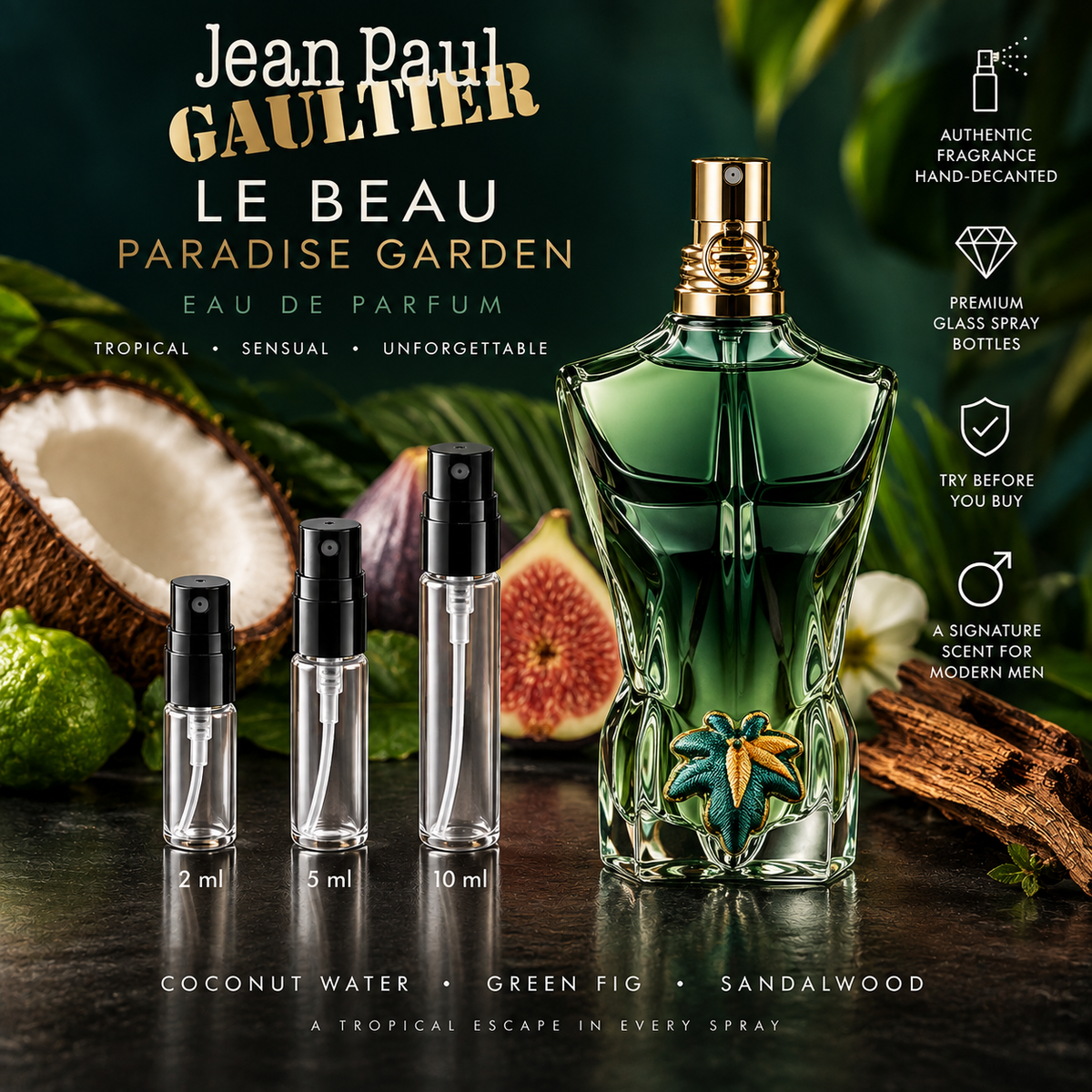 Jean Paul Gaultier Le Beau Paradise Garden Eau de Parfum decant samples in 2 ml, 5 ml and 10 ml glass spray bottles beside the full-size retail bottle