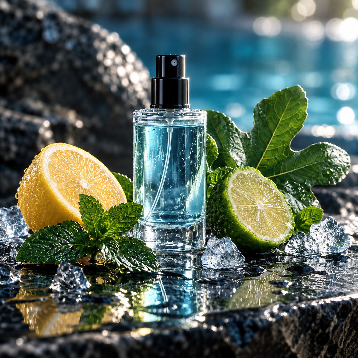 A glass fragrance atomizer on wet stone at the edge of a swimming pool, with sliced lemon, lime, fresh mint and ice