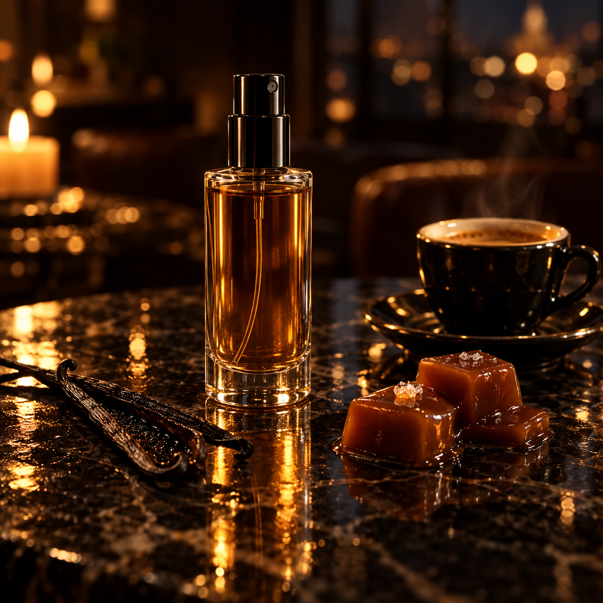A glass fragrance atomizer on a dark marble cafe table by candlelight, beside an espresso cup, caramels and a vanilla pod