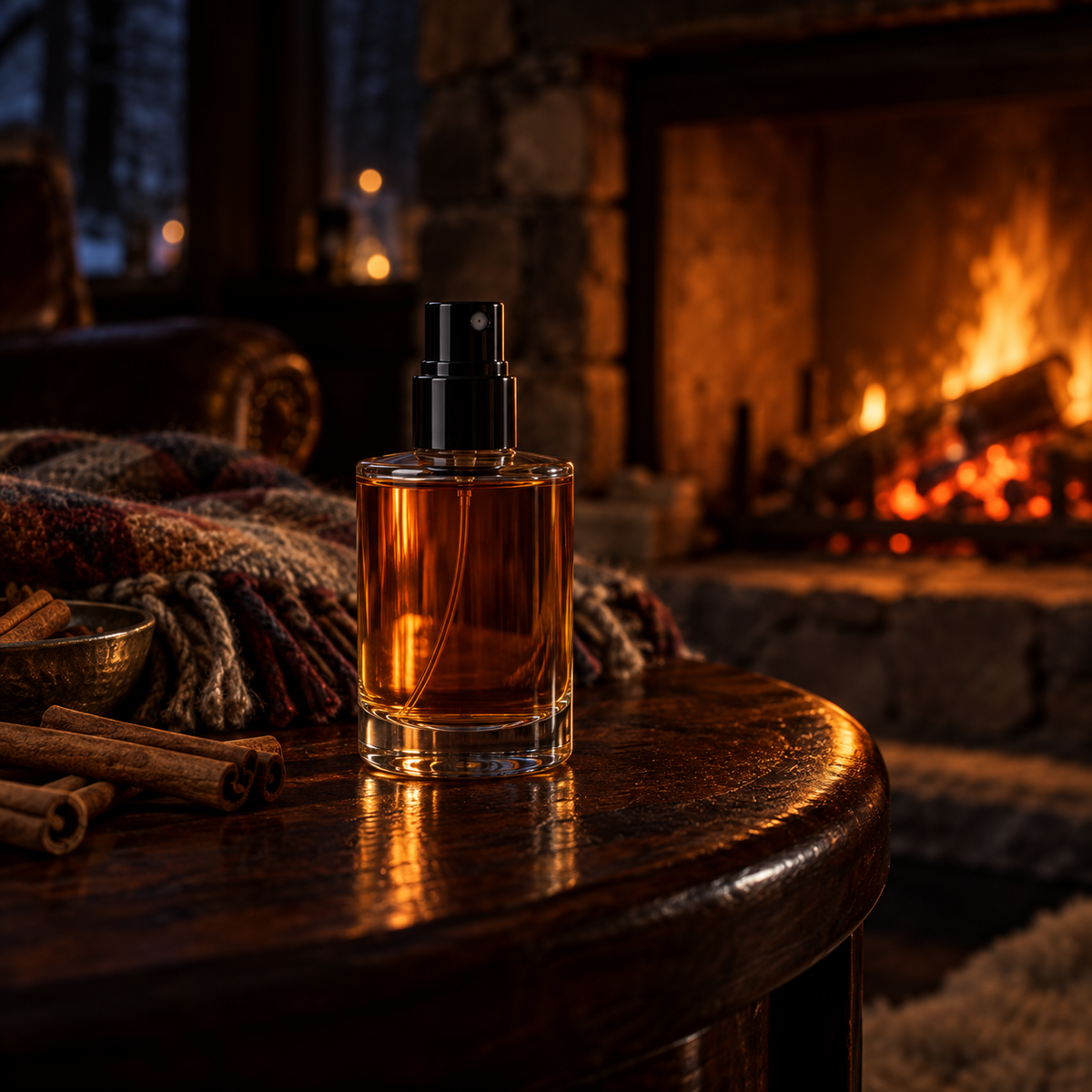 A glass fragrance atomizer on a dark wood table beside a stone fireplace, with cinnamon sticks and a wool throw in warm firelight