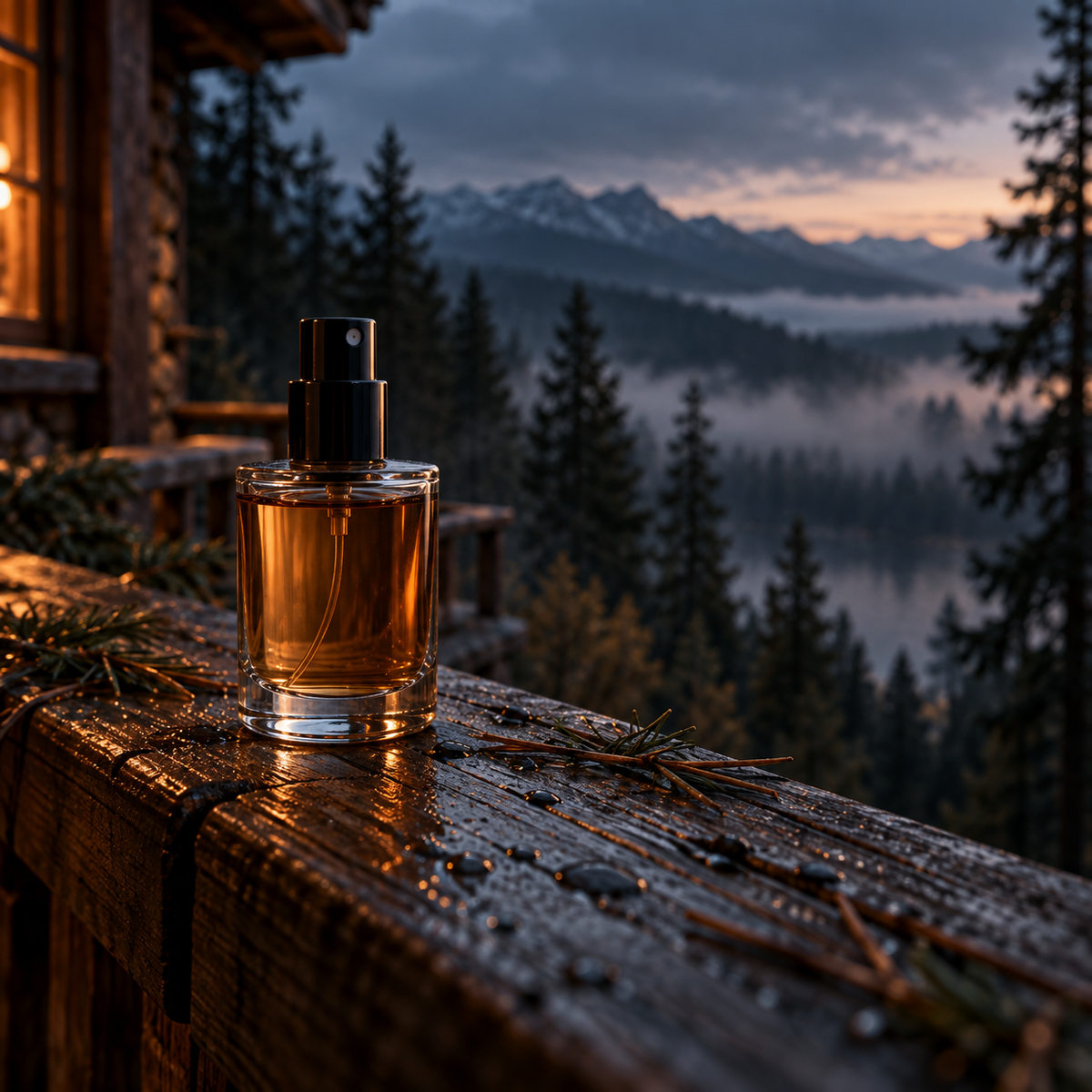 A glass fragrance atomizer on a weathered timber lodge railing overlooking a misty conifer forest and mountains at dawn