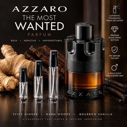 Azzaro The Most Wanted Parfum decant samples in 2 ml, 5 ml and 10 ml glass spray bottles beside the full-size retail bottle