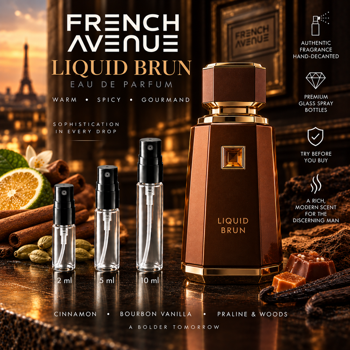French Avenue Liquid Brun Eau de Parfum decant samples in 2 ml, 5 ml and 10 ml glass spray bottles beside the full-size retail bottle