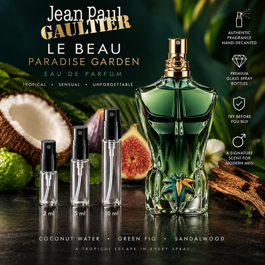 Jean Paul Gaultier Le Beau Paradise Garden Eau de Parfum decant samples in 2 ml, 5 ml and 10 ml glass spray bottles beside the full-size retail bottle