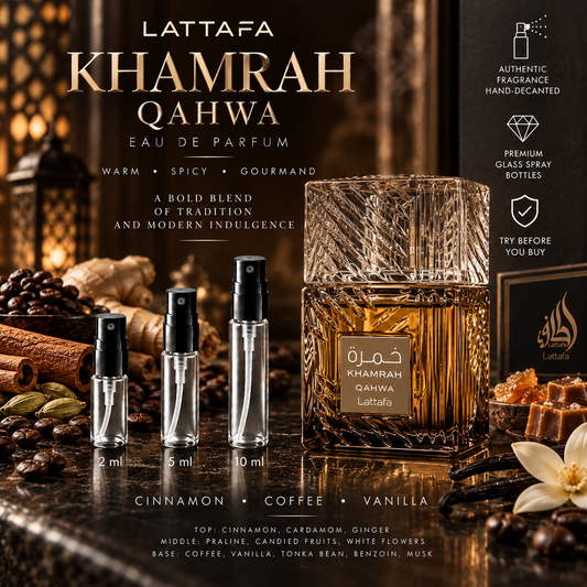 Lattafa Khamrah Qahwa Eau de Parfum decant samples in 2 ml, 5 ml and 10 ml glass spray bottles beside the full-size retail bottle