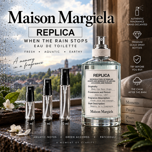 Maison Margiela REPLICA When the Rain Stops Eau de Toilette decant samples in 2 ml, 5 ml and 10 ml glass spray bottles beside the full-size retail bottle