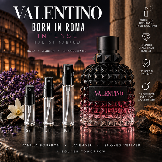 Valentino Born in Roma Uomo Eau de Parfum Intense decant samples in 2 ml, 5 ml and 10 ml glass spray bottles beside the full-size retail bottle