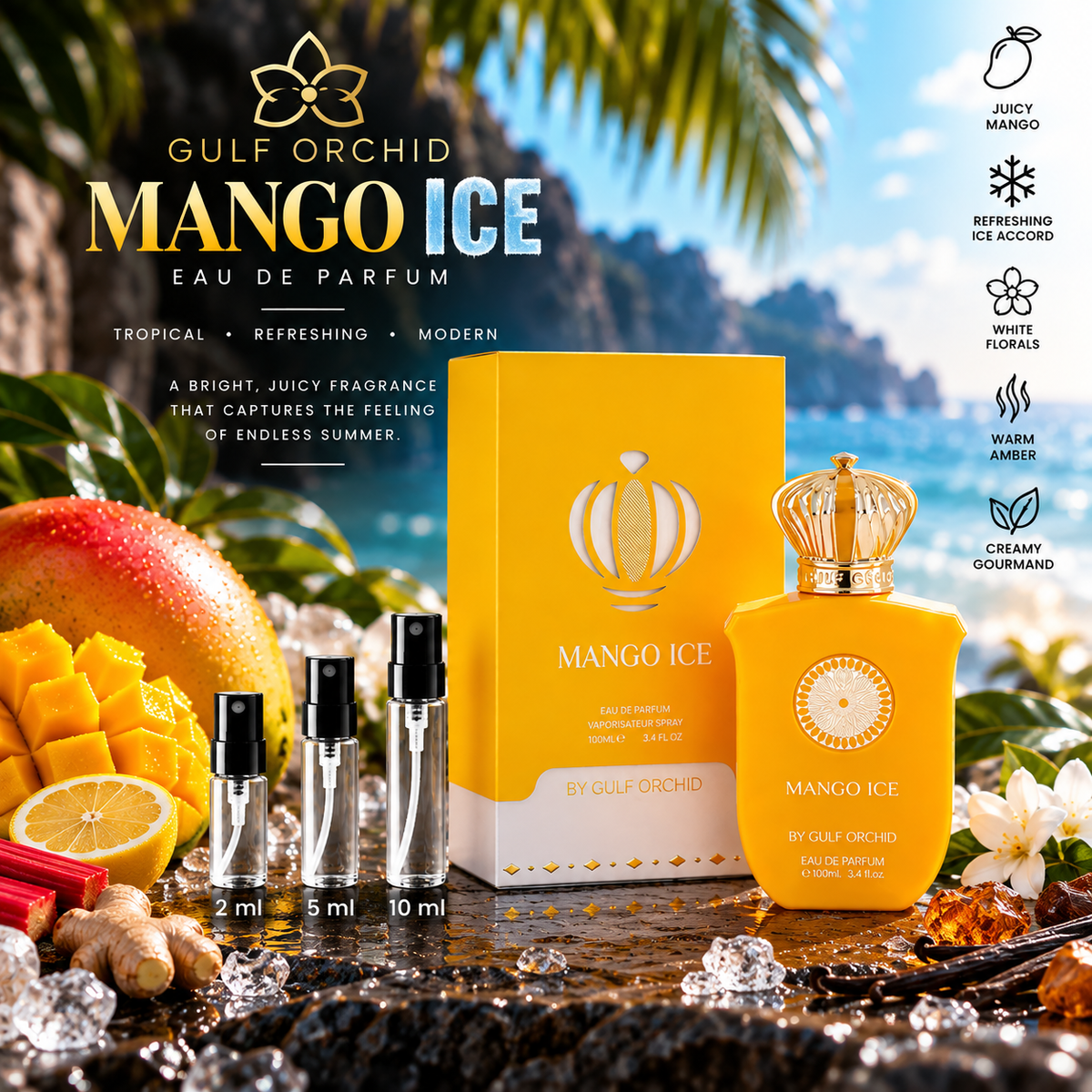 Gulf Orchid Mango Ice Eau de Parfum decant samples in 2 ml, 5 ml and 10 ml glass spray bottles beside the full-size retail bottle