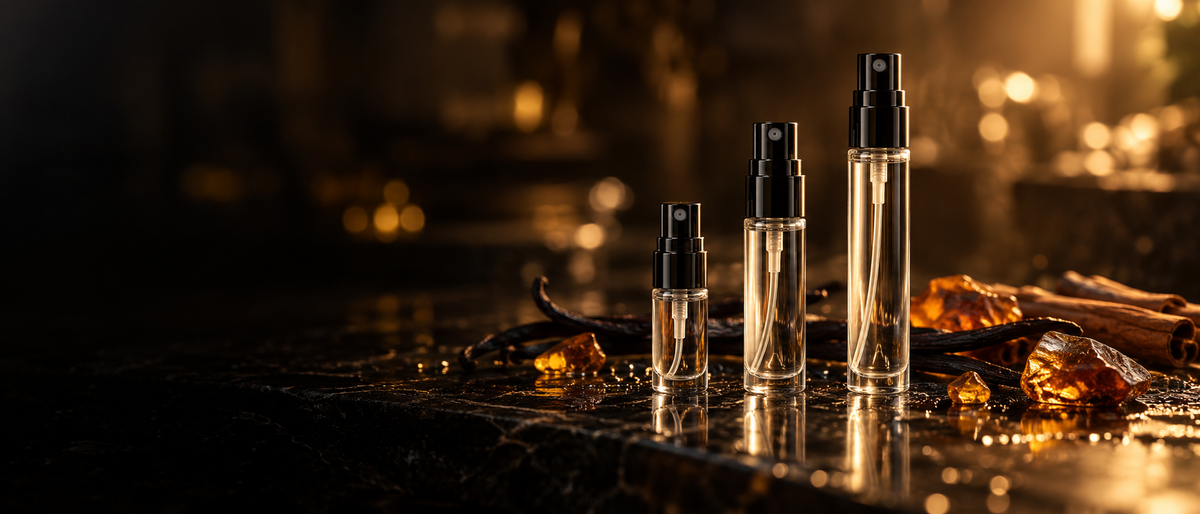 Three unbranded glass fragrance decant atomizers in 2 ml, 5 ml and 10 ml sizes on dark polished stone, lit in warm gold