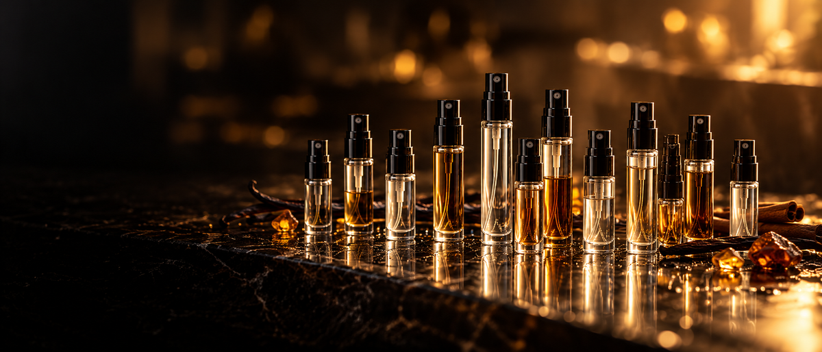 A row of unbranded glass fragrance decant atomizers filled with amber and gold liquid, arranged on a dark stone ledge in warm light