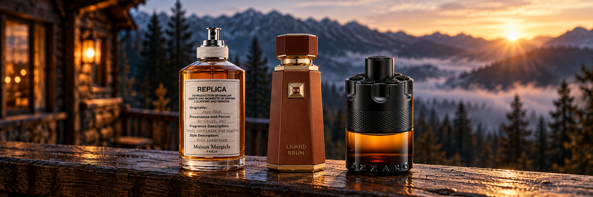 Maison Margiela REPLICA Jazz Club, French Avenue Liquid Brun and Azzaro The Most Wanted fragrance bottles on a timber lodge railing overlooking a misty conifer valley at dawn