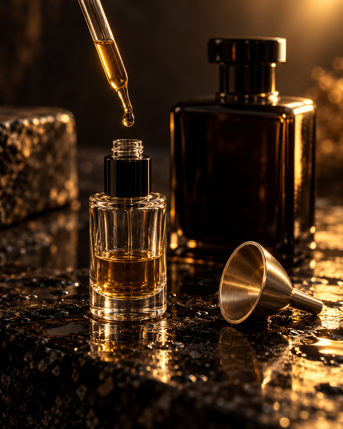 A glass pipette releasing a drop of amber fragrance into an open unbranded glass atomizer, beside a brass funnel and a dark full-size bottle on wet stone