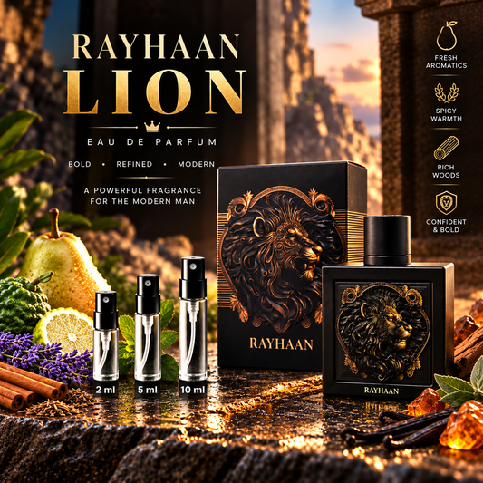 Rayhaan Lion Eau de Parfum decant samples in 2 ml, 5 ml and 10 ml glass spray bottles beside the full-size retail bottle
