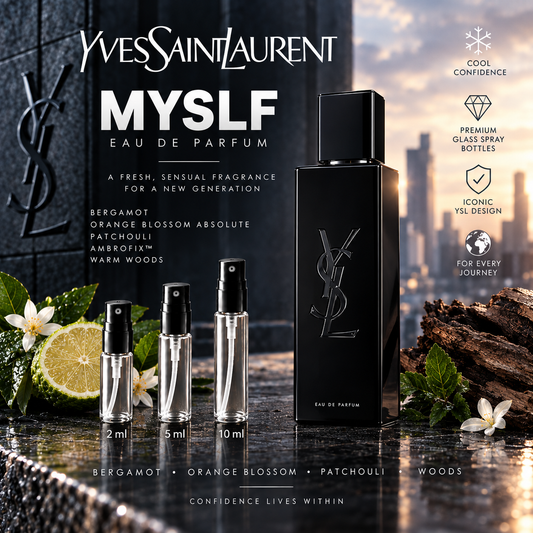Yves Saint Laurent MYSLF Eau de Parfum decant samples in 2 ml, 5 ml and 10 ml glass spray bottles beside the full-size retail bottle
