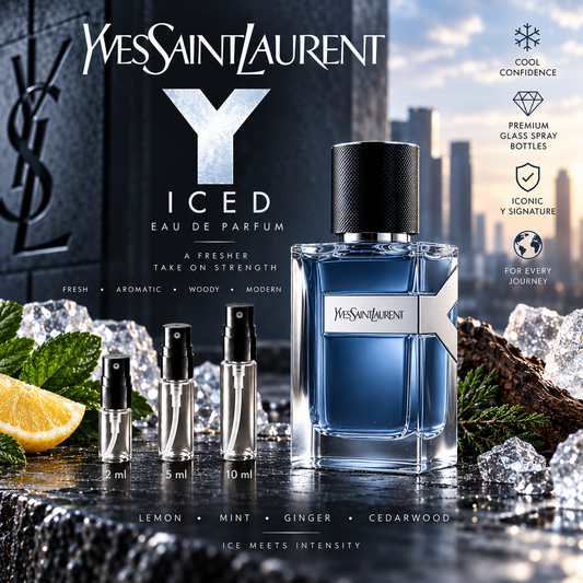 Yves Saint Laurent Y Iced Eau de Parfum decant samples in 2 ml, 5 ml and 10 ml glass spray bottles beside the full-size retail bottle